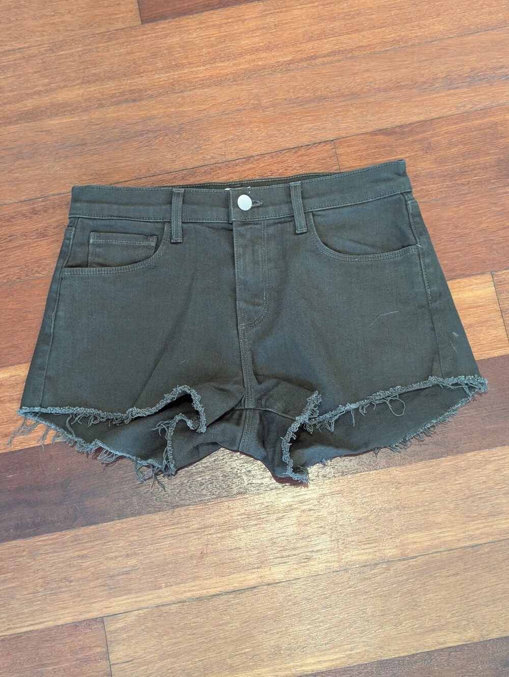 L'AGENCE Army Green Frayed Hem Denim Shorts